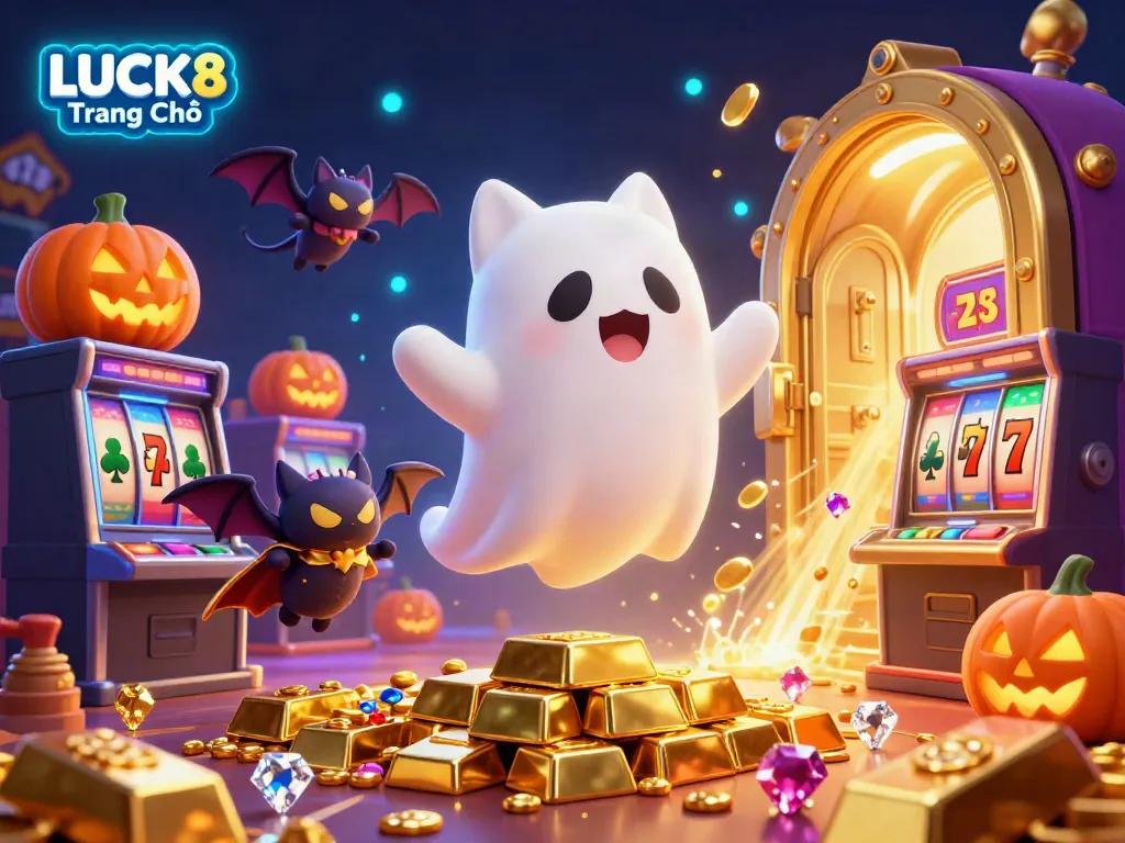 Engage with LUCK8 Trang Chủ through an exciting casino adventure featuring a ghost cat and vampire bat!