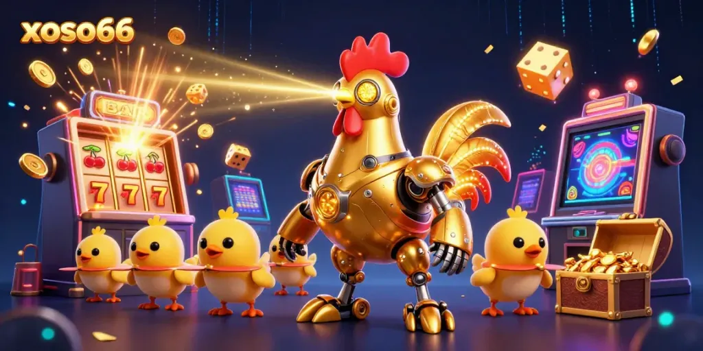 Engage with xoso66 in an explosive casino adventure featuring a golden rooster robot and dynamic game elements.