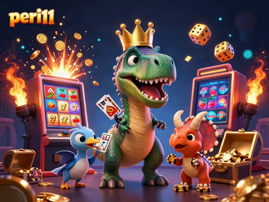 Experience thrilling gameplay with peri11 as dinosaurs play cards around a lively casino scene.