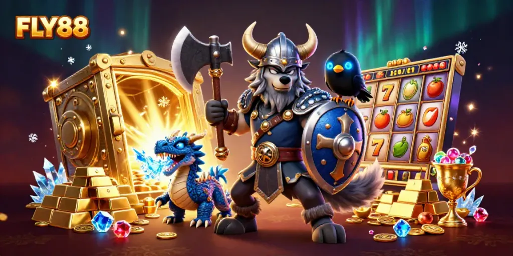 FLY88 Viking wolf warrior leads a thrilling casino adventure with treasure and slot games.