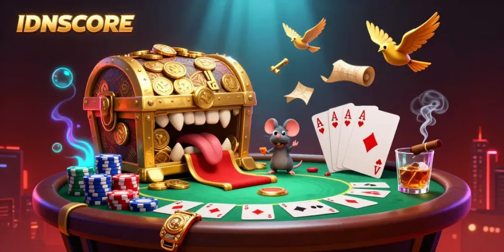 In the vibrant scene featuring IDNSCORE, adventurer mice are attracted to a treasure chest while poker chips and cards surround them.