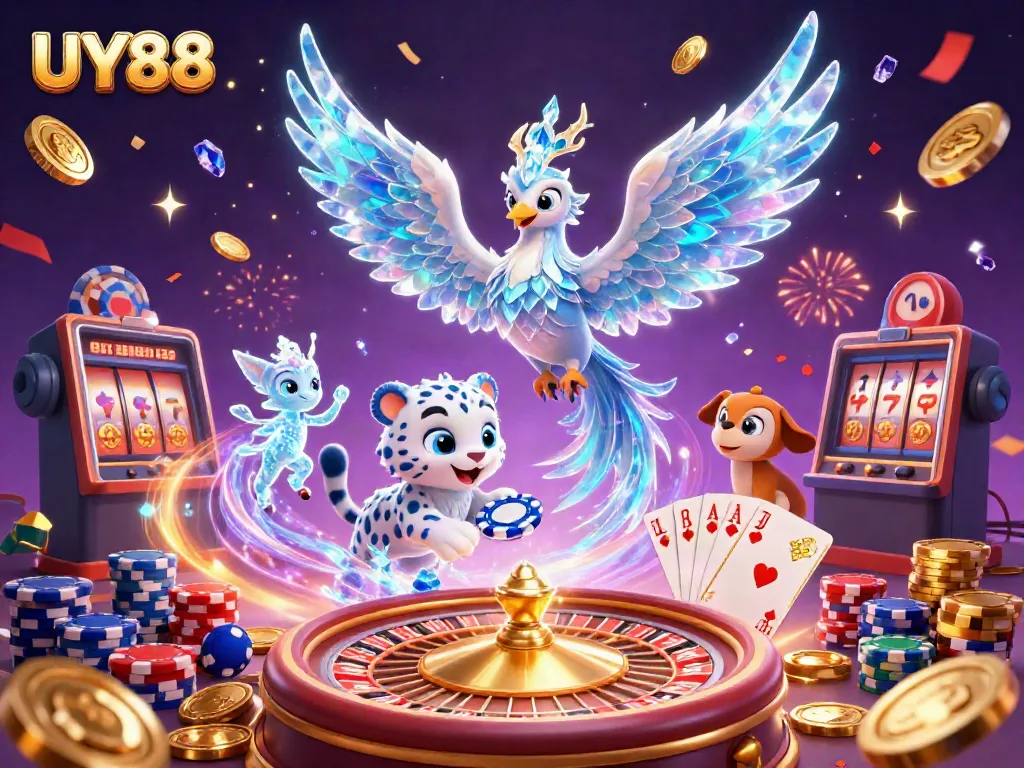 Experience the exciting world of UY88 with a visually stunning 3D illustration showcasing vibrant casino themes.