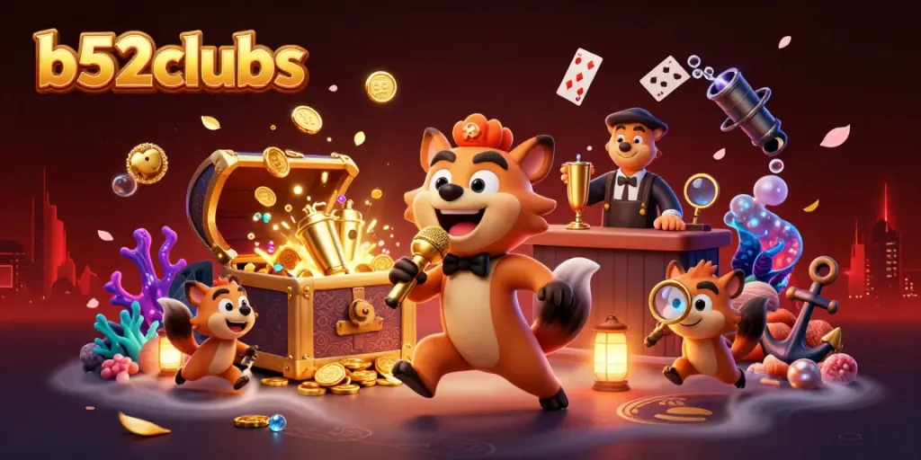 B52clubs brings excitement with 3D hyena characters in a vibrant casino setting, serving drinks and comedy.