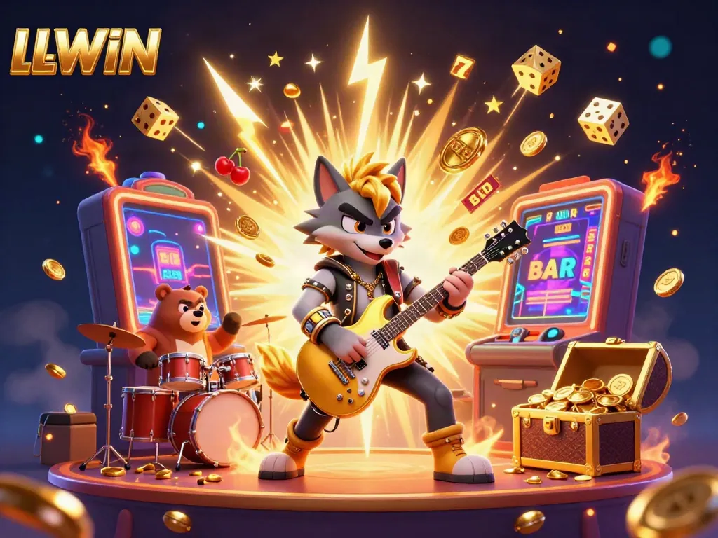 Experience the excitement of LLWIN with a rock star wolf and drummer bear amid jackpot chaos and vibrant casino elements.
