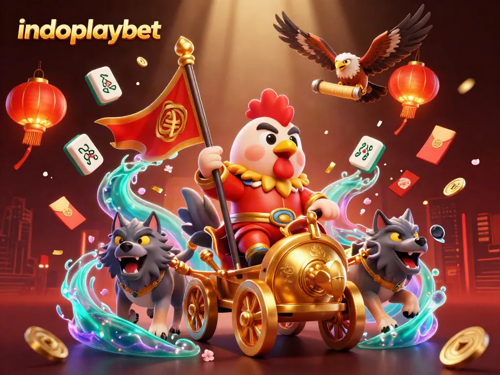 Indoplaybet menghadirkan ilustrasi kasino dengan pembawa bendera dan kereta emas, simbol keberuntungan mengelilingi.
