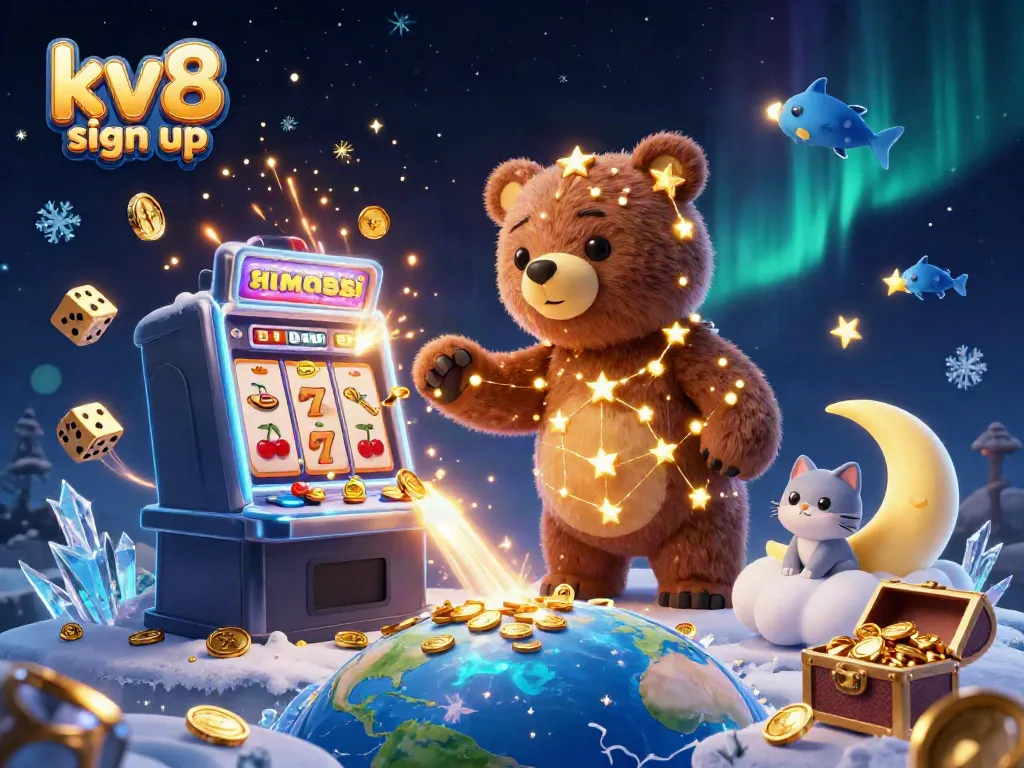 Experience the thrill with kv8 sign up, featuring vibrant casino elements and a whimsical bear.