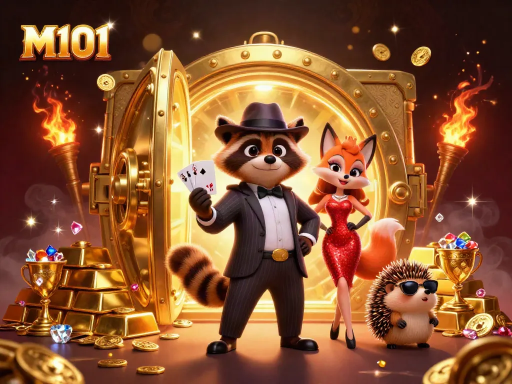 Win big with M101 featuring a suave raccoon and elegant fox amidst a dazzling casino scene.
