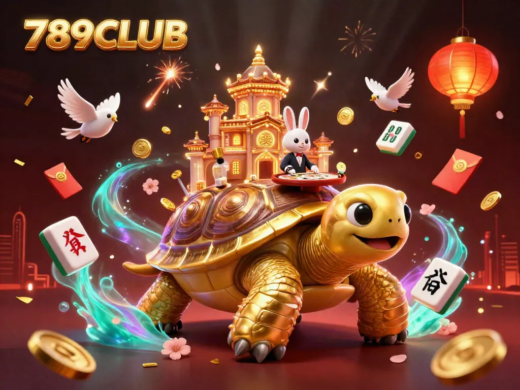 Experience the thrill at 789CLUB with a vibrant 3D casino scene featuring a charming golden tortoise and a rabbit dealer.