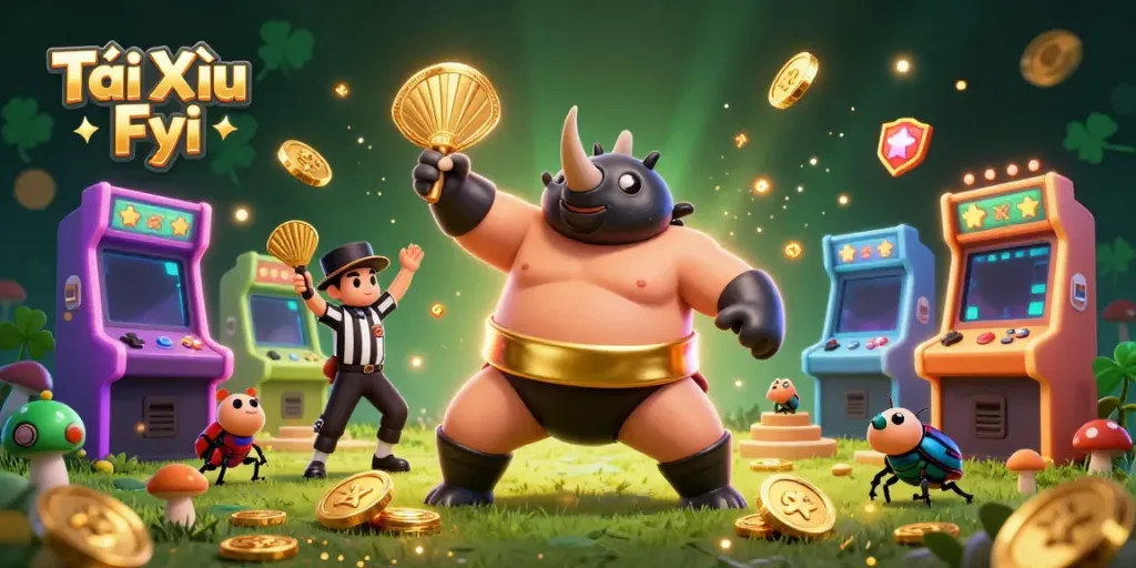Experience the vibrant Tài Xỉu Fyi casino scene featuring a sumo beetle champion surrounded by game elements.