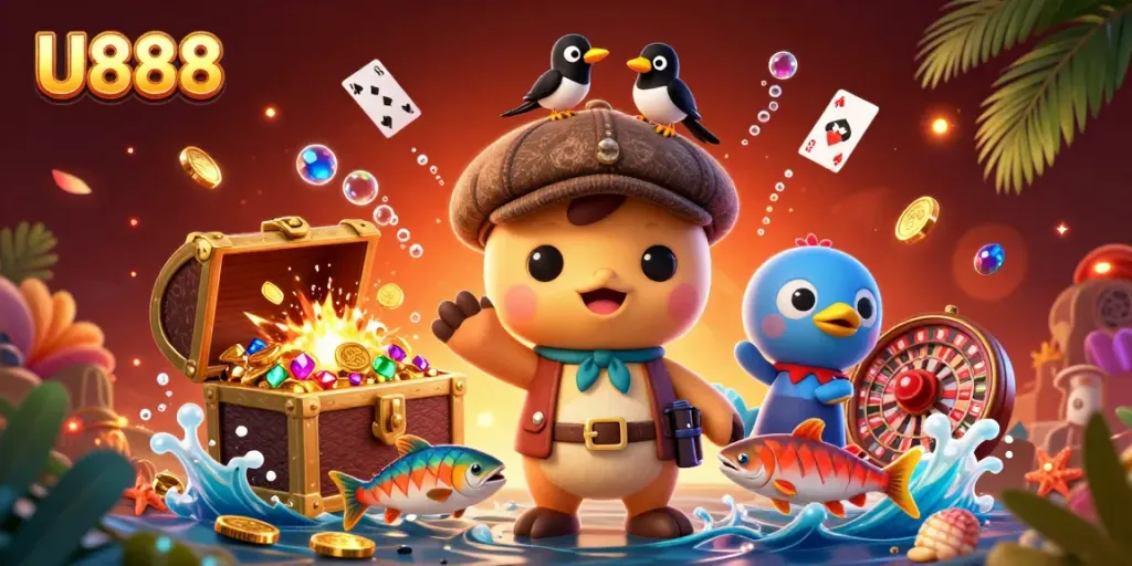 Experience U888 excitement with a playful Nessie, gold coins, and casino elements in vibrant underwater scene.