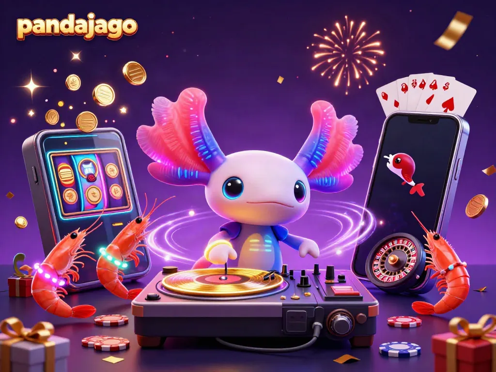 Gambarkan permainan slot menarik di pandajago dengan DJ axolotl dan karakter bawah laut yang merayakan.