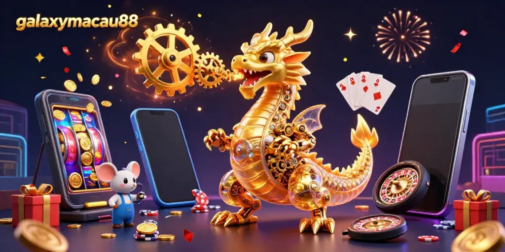 Engage in winning strategies at galaxymacau88 with a thrilling 3D casino scene featuring a golden dragon.
