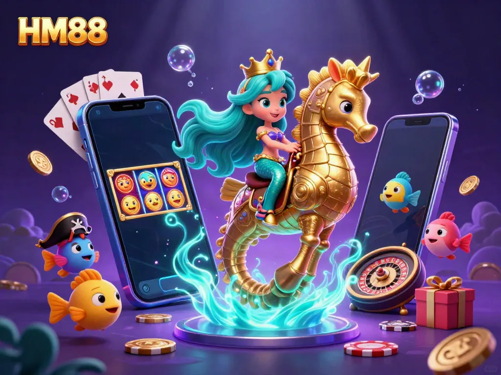Engage with HM88 while diving into a vibrant underwater casino world featuring a mermaid and seahorse amidst slot games.