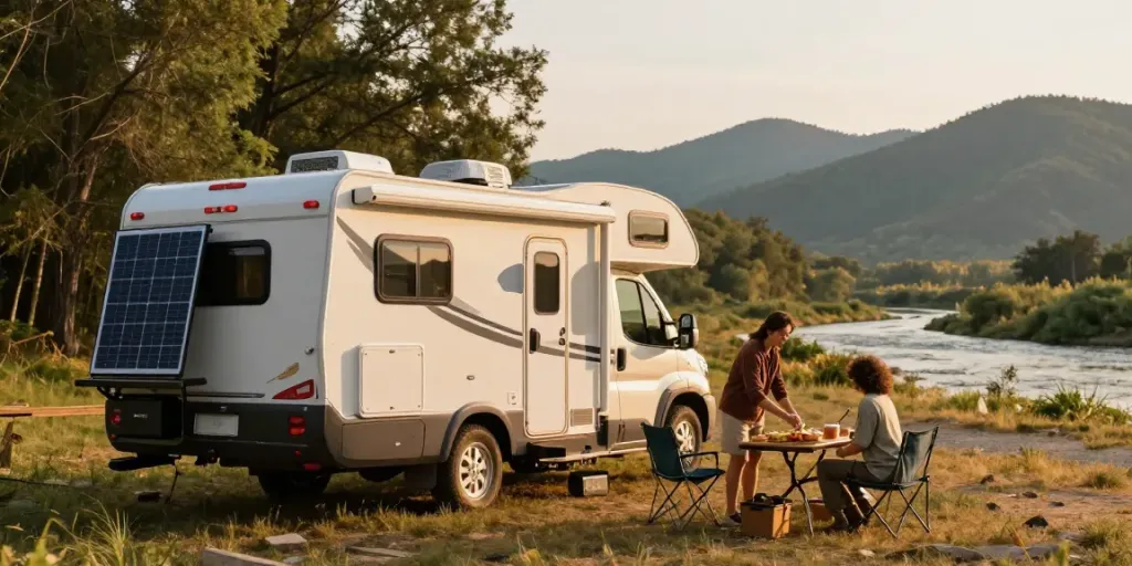 Couple enjoying their RV adventure with lithium RV battery setup at a beautiful campsite.