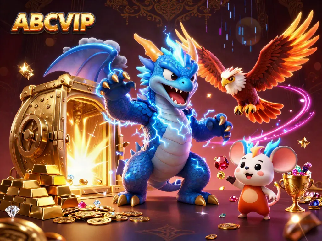 Experience ABCVIP's thrilling casino adventure with a dynamic scene of cartoon characters and gold treasures.