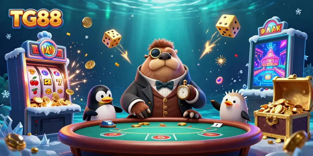 Experience excitement at TG88 with a vibrant underwater poker scene featuring unique gambling characters.
