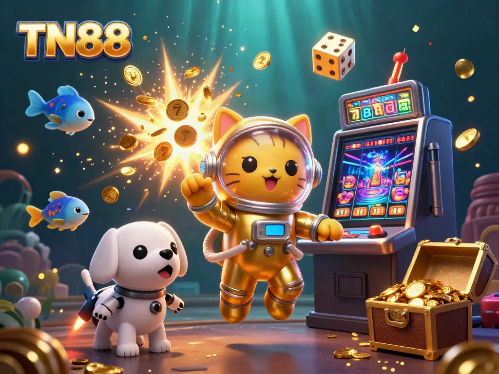 Engage in thrilling action with TN88's vibrant casino scene featuring a jackpot explosion and characters in a colorful game lobby.
