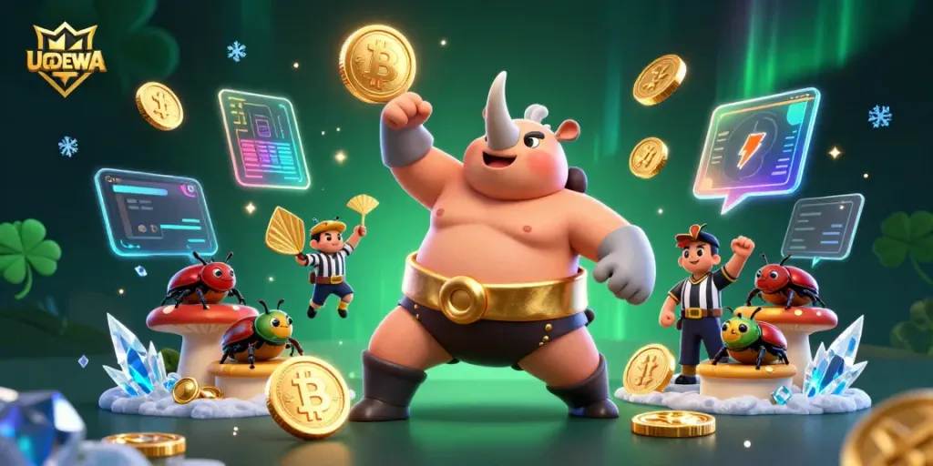 Experience the thrill of UGDEWA with a vibrant 3D illustration showcasing a beetle champion amid floating crypto coins and festive game elements.
