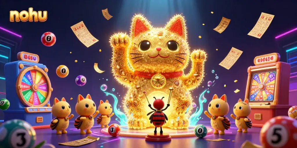Engaging nohu-themed illustration featuring a lucky cat surrounded by vibrant lottery elements.