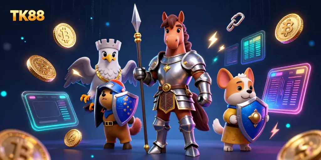 Engage with TK88 casino adventures featuring a knight, puppy, and falcon amidst crypto treasures.