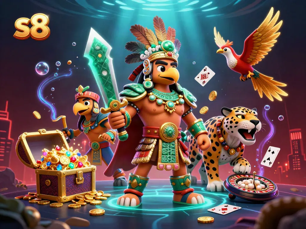 S8 online casino game illustration with Aztec warriors and casino elements against a dramatic background.