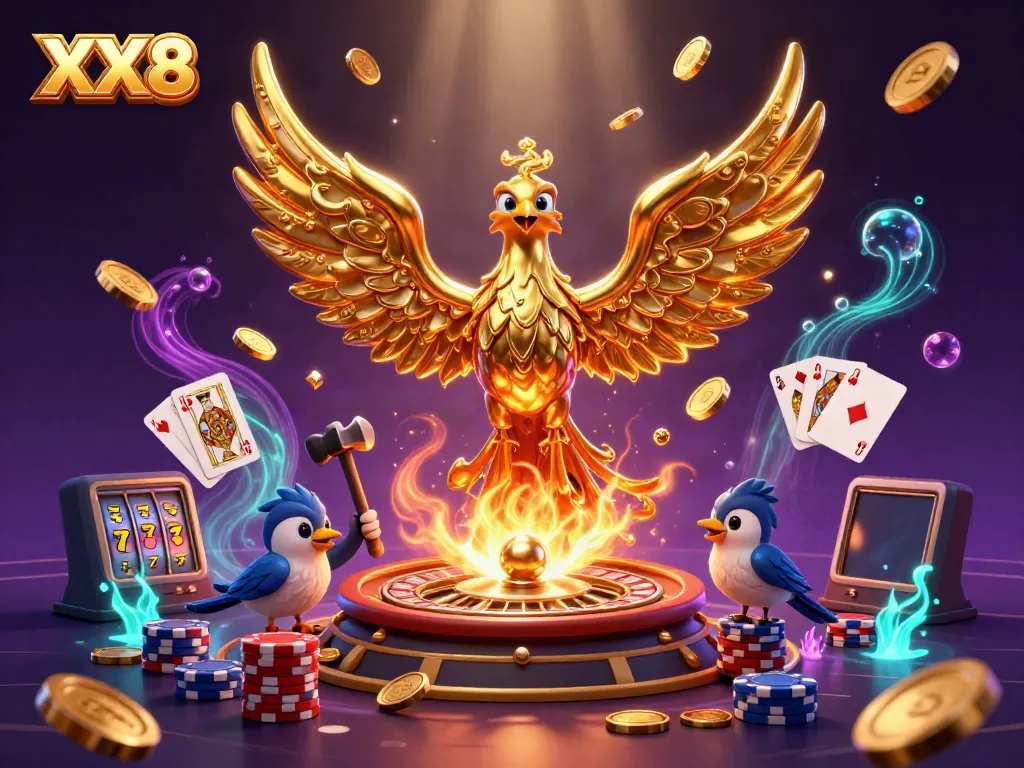 Experience the thrill of XX8 with a molten golden phoenix and casino elements in a vibrant, energetic scene.