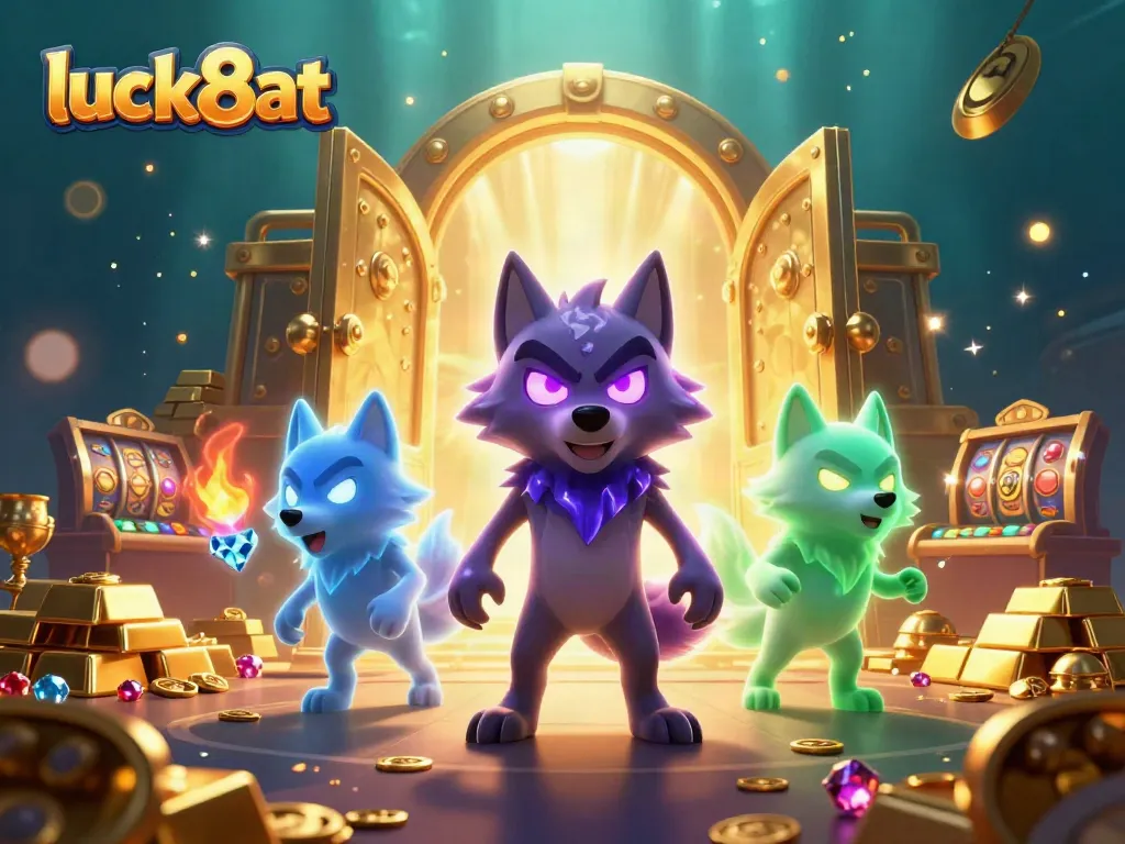 Engage with luck8at's vibrant casino scene featuring ghostly wolves, treasures, and gaming elements.