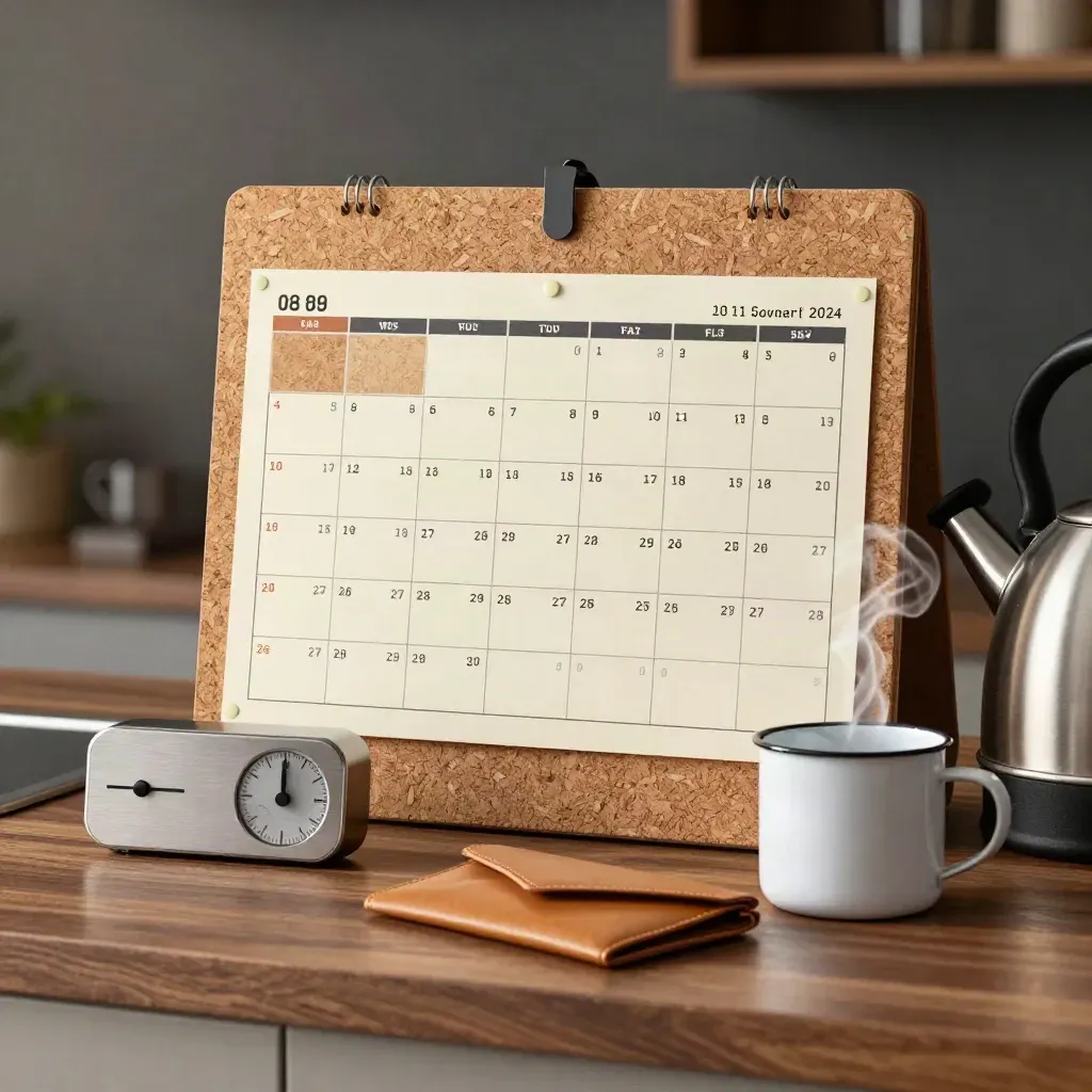 Bill calendar board, timer, envelope wallet and steaming mug beside a kettle on a walnut counter.