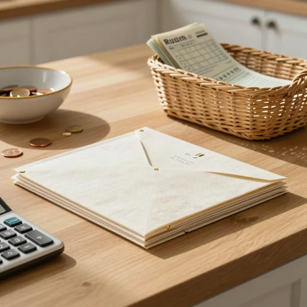 Budget folders, change bowl, calculator edge, and bills on a kitchen island