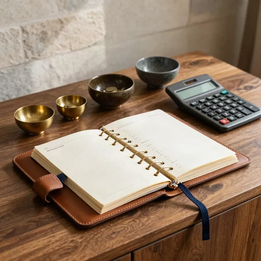 Open debt payoff binder, calculator and three coin bowls on warm walnut, staged in repayment order.