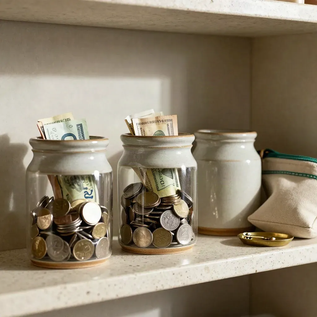Three savings jars, travel pouch, and brass key tray on a travertine shelf in soft morning light