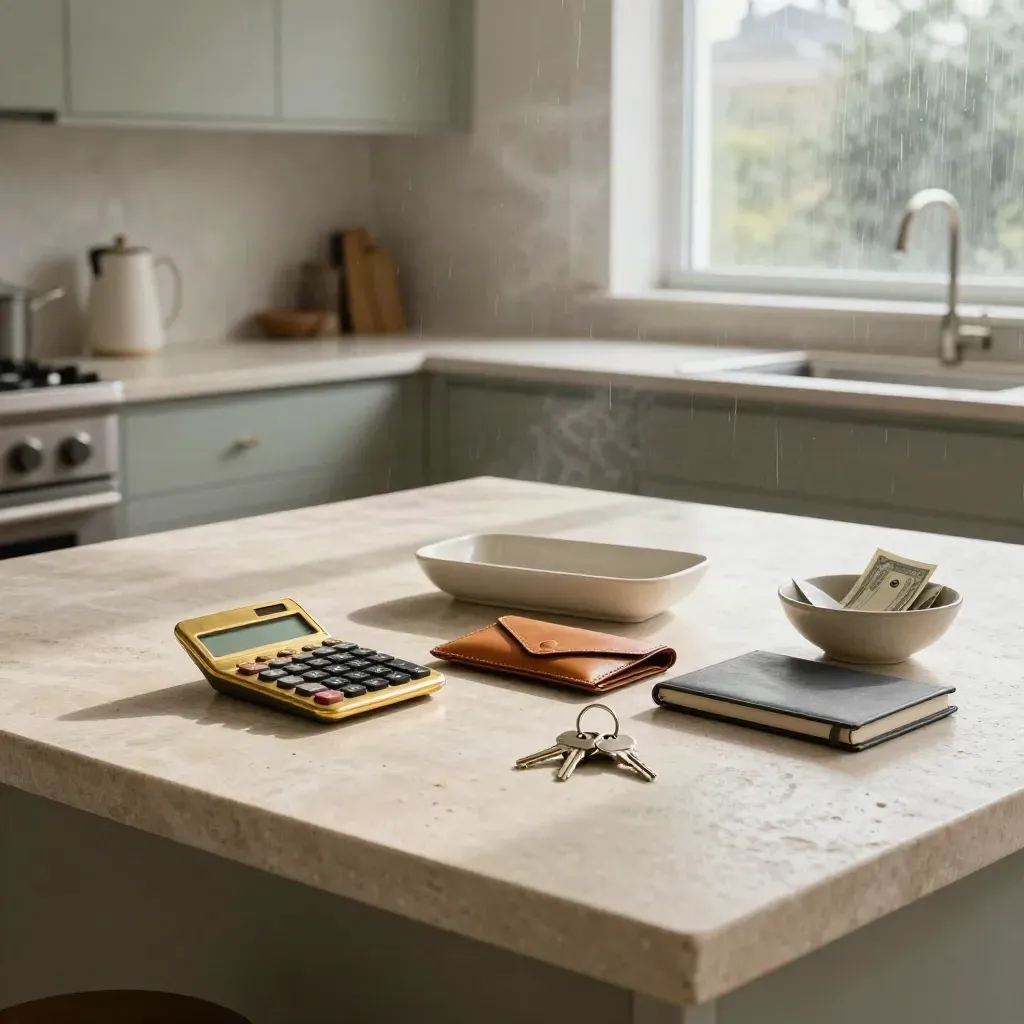 Brass calculator and family money tools on a pale stone kitchen island in rainy morning light.