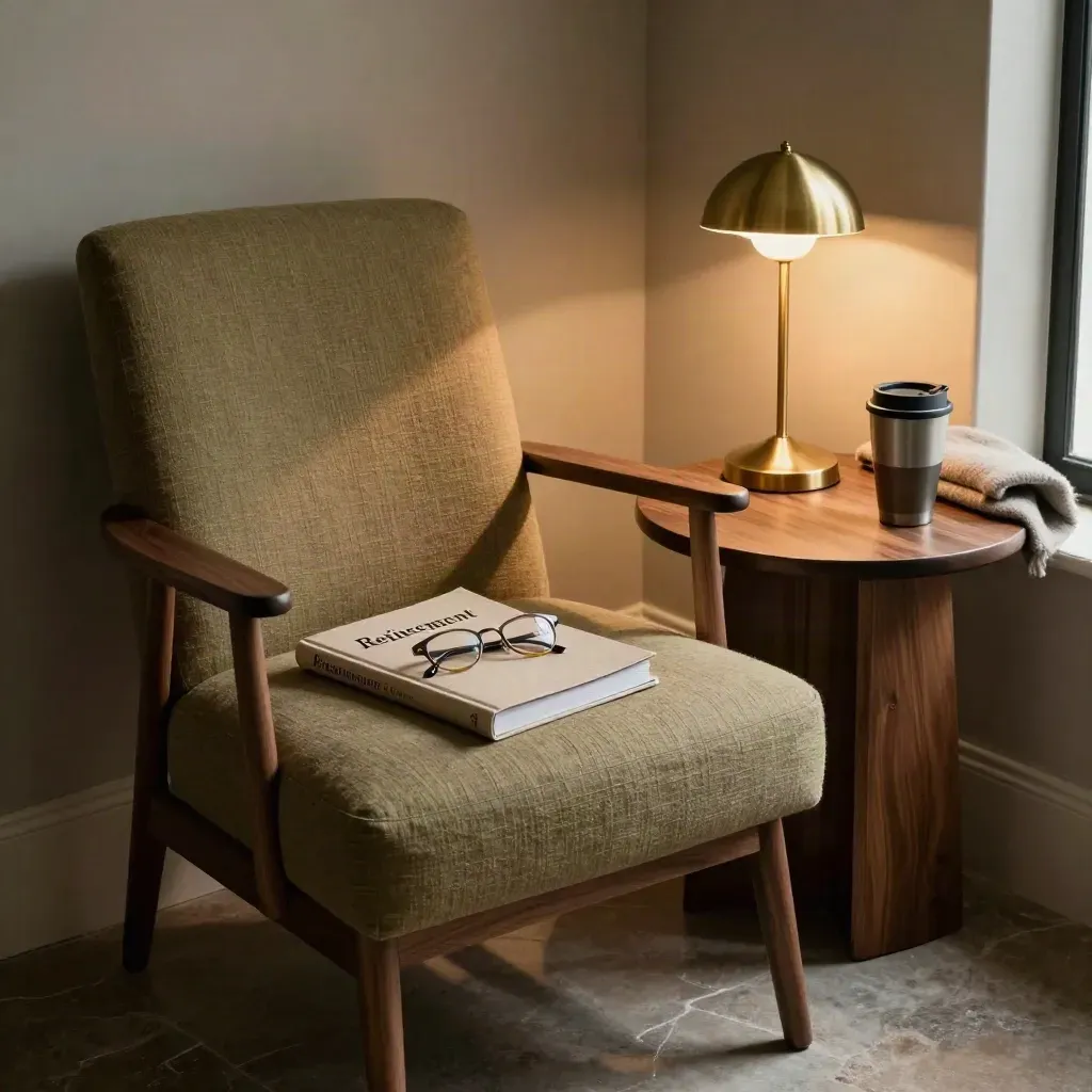 Quiet reading nook with closed retirement workbook, glasses, lamp, and travel mug in evening light.