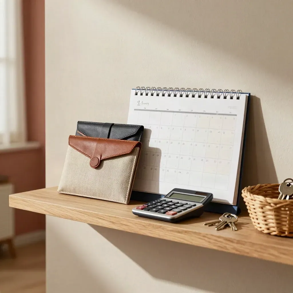 Home command shelf with wallets, calendar grid, calculator and keys in warm window light.