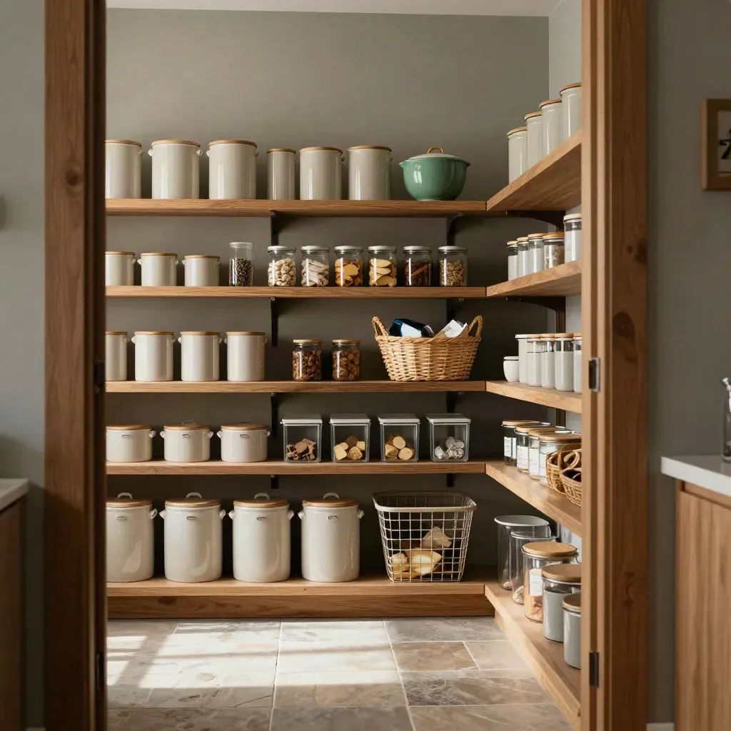 Calm pantry through doorway with matched canisters, a grocery basket, and pared-back shelves in warm light.