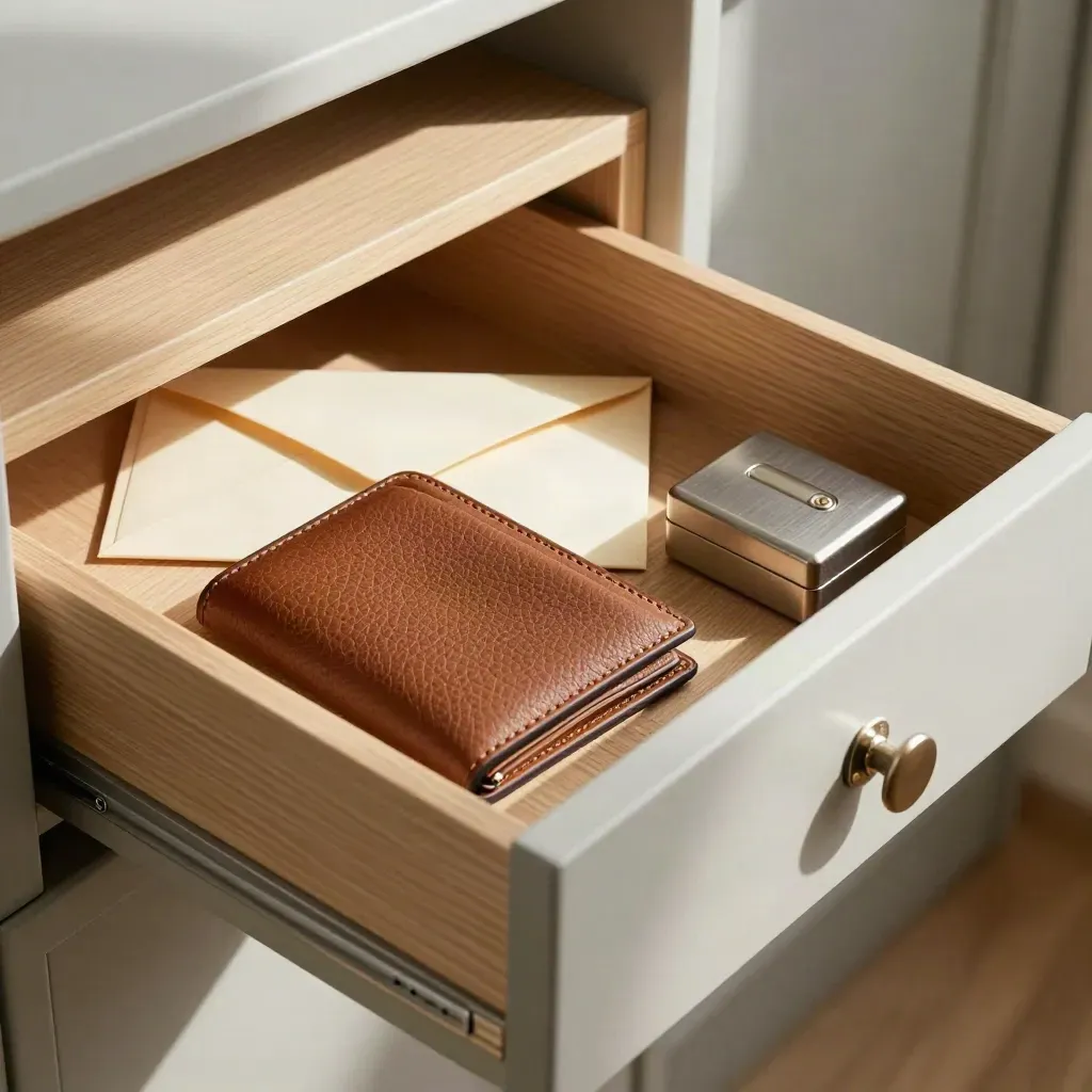 Open drawer with a wallet, one envelope, and a small lockbox in a tidy payoff system.