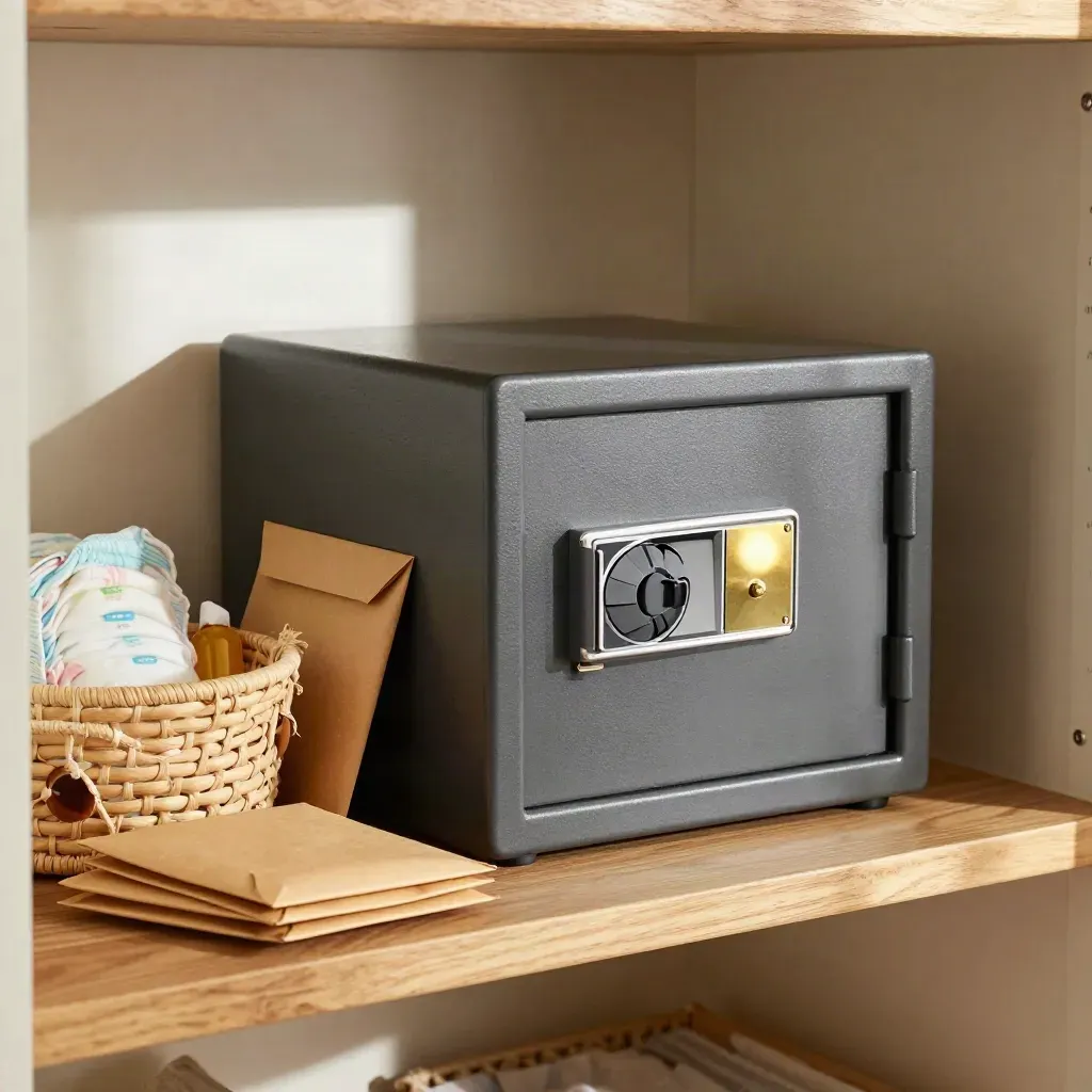 Home safe, sealed envelopes, and baby care basket on a nursery shelf