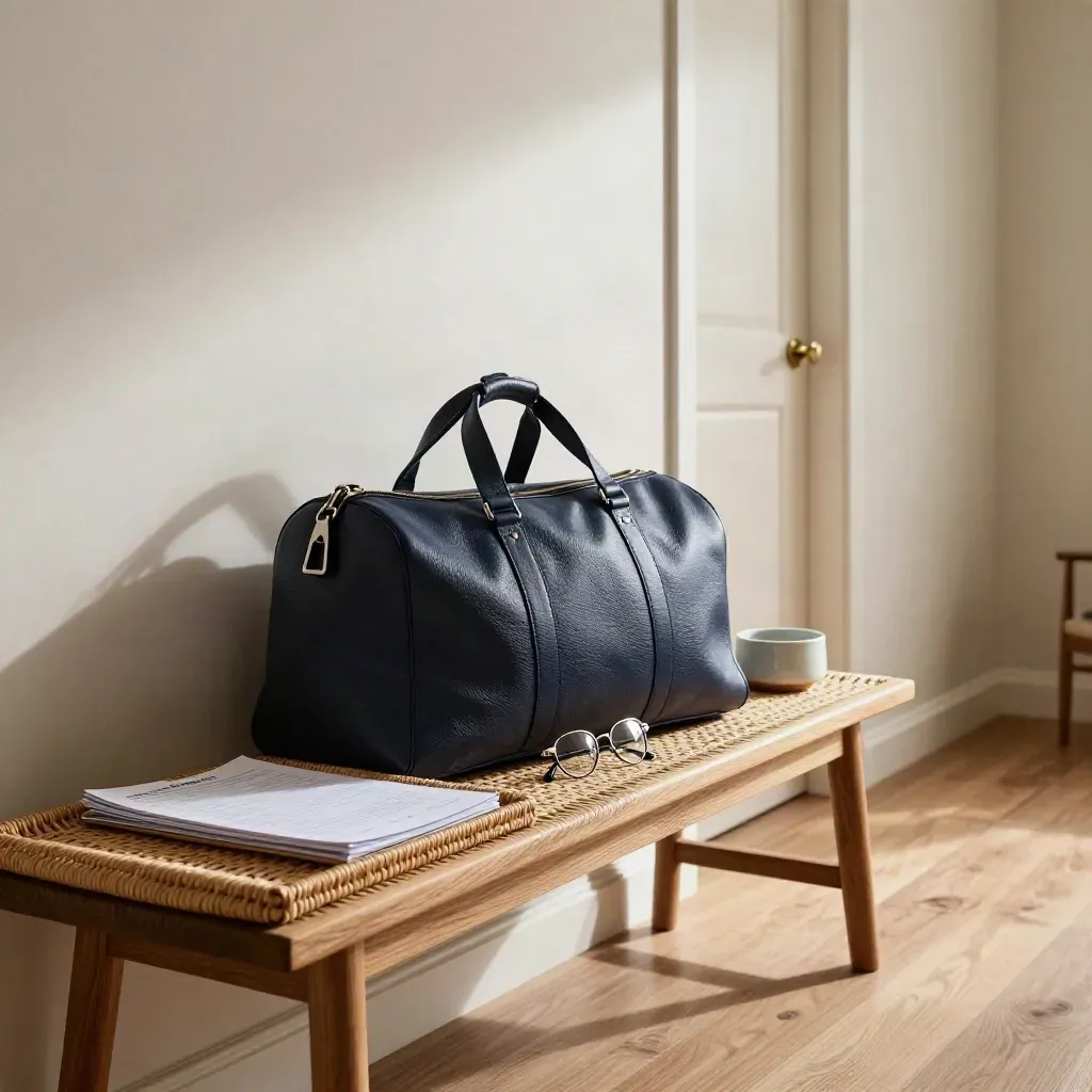 Low-angle hallway bench with navy duffel, glasses, and a closed finance folder in a woven tray.