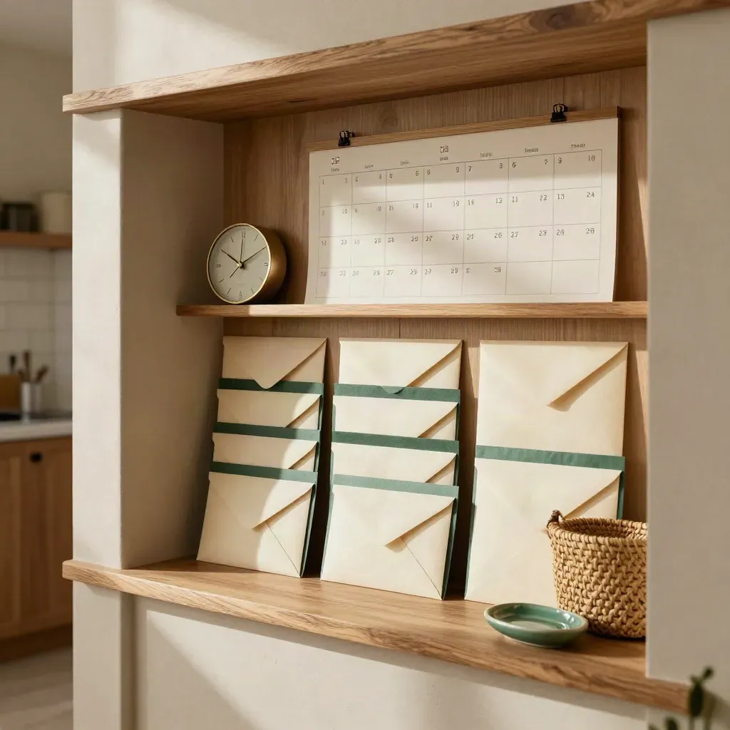 Sunlit mudroom command shelf with envelopes, clock and weekly calendar grid in warm oak.