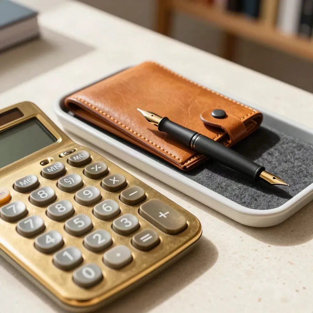 Brass calculator, leather wallet and black fountain pen in a felt tray on travertine.