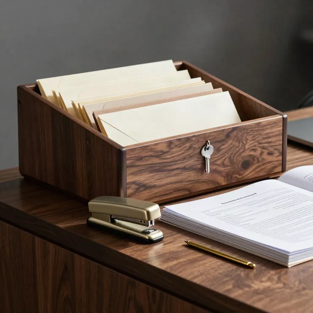 Dark walnut organizer with binder clips, envelope tabs and a metal stapler on a finance credenza.