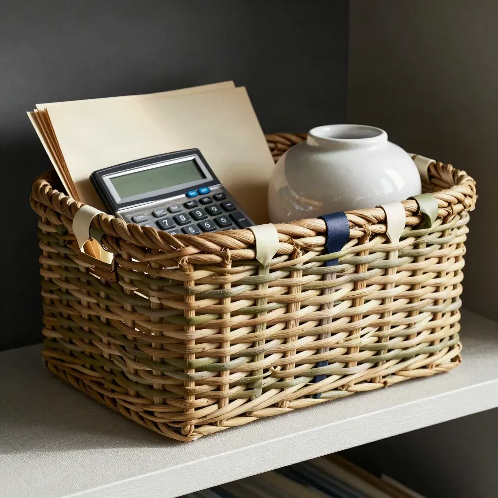 Woven file basket, calculator and ceramic paperweight on a linen shelf, side-lit in close-up.