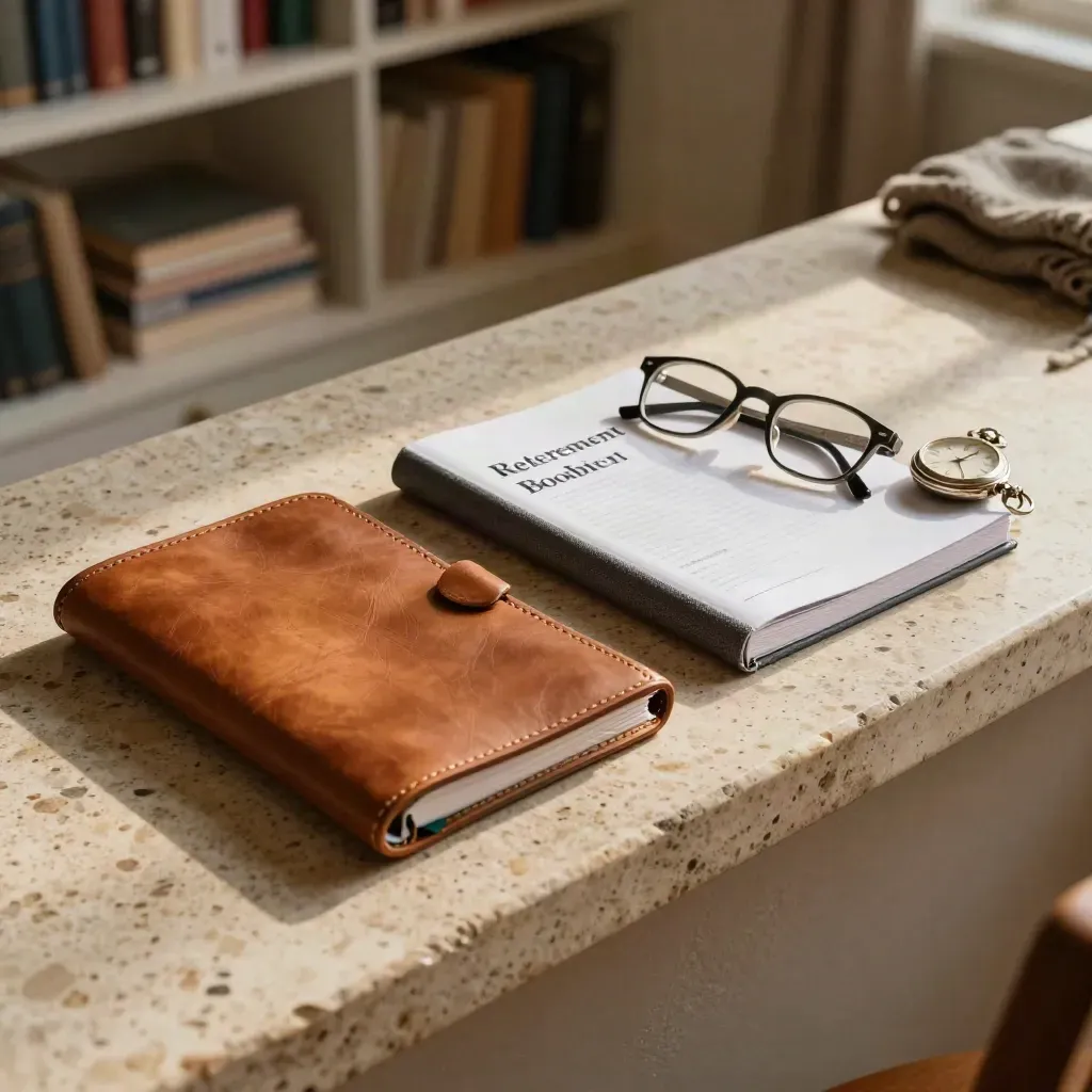 Retirement planning tools on stone: leather sleeve, workbook, glasses, and pocket watch