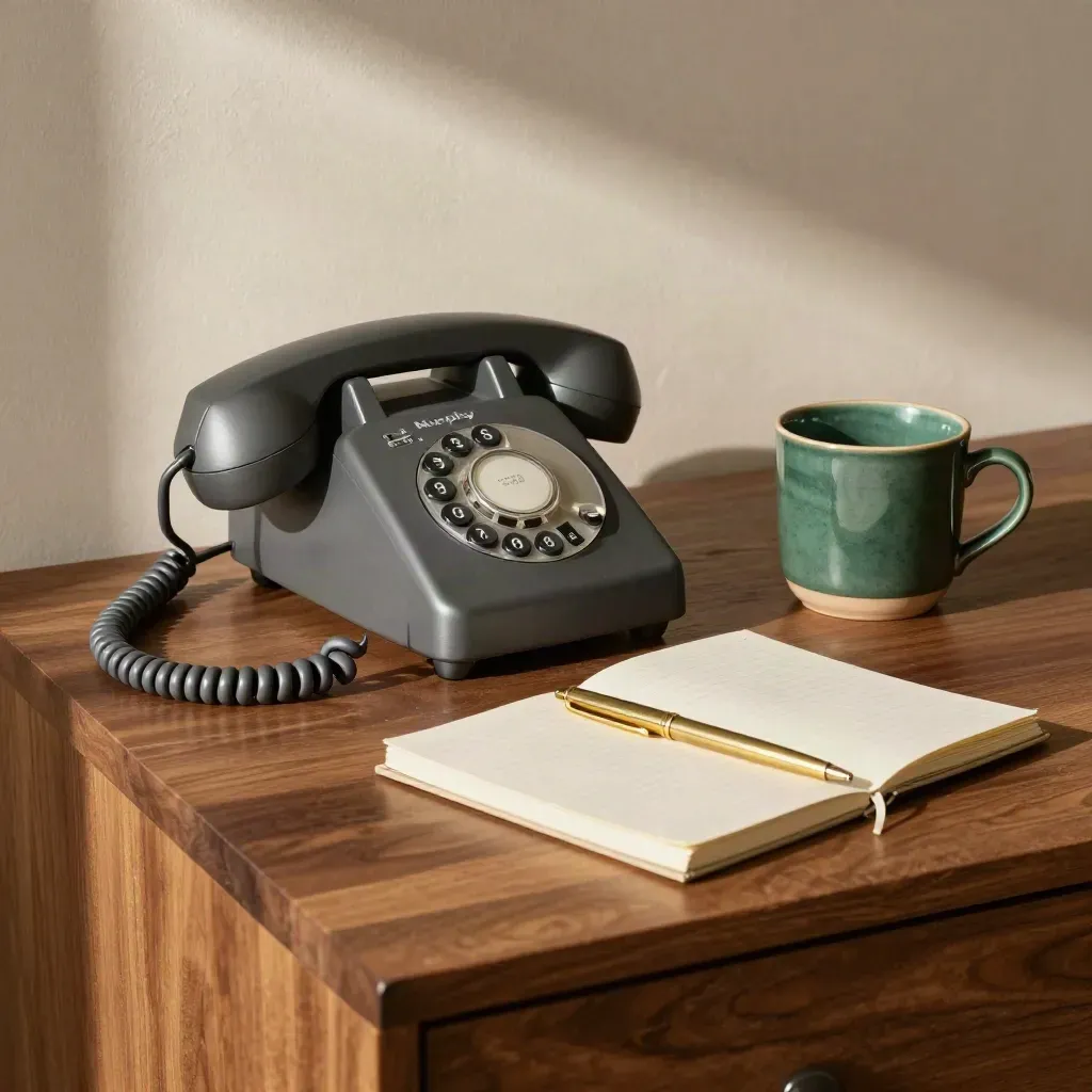 Graphite desk phone, emerald mug, brass pen and notebook on a walnut sideboard in soft side light.