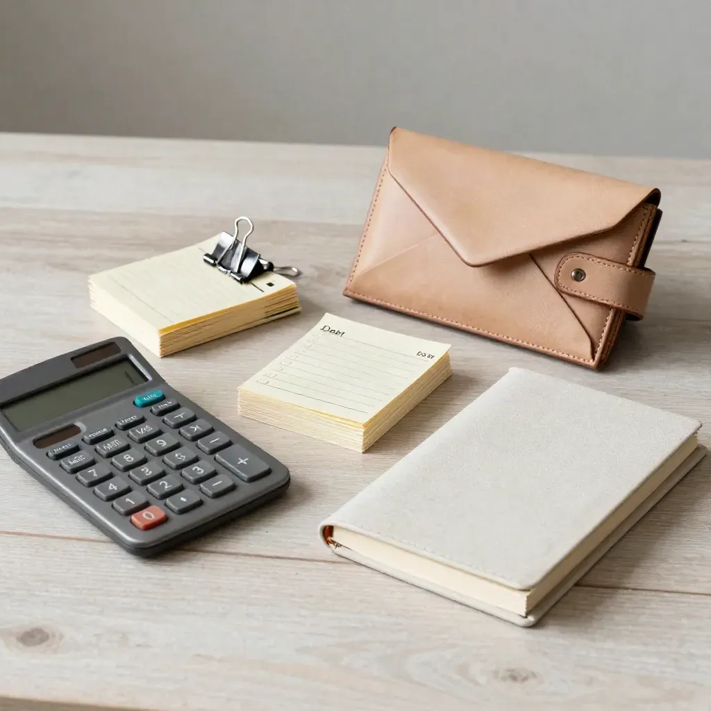 Calculator, envelope wallet, binder clips and ledger book on pale wood in soft side light.