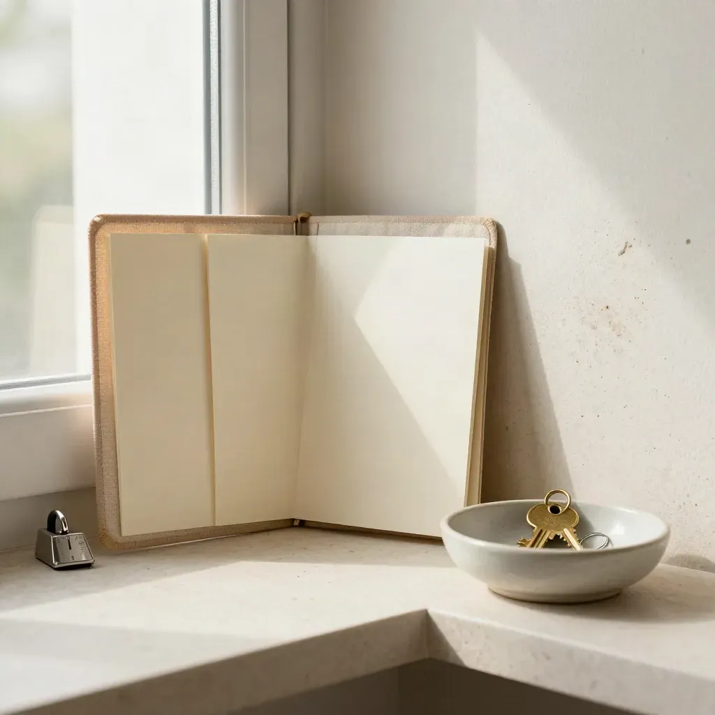 A wall shelf still-life with folder, cards, timer and key bowl in soft daylight.