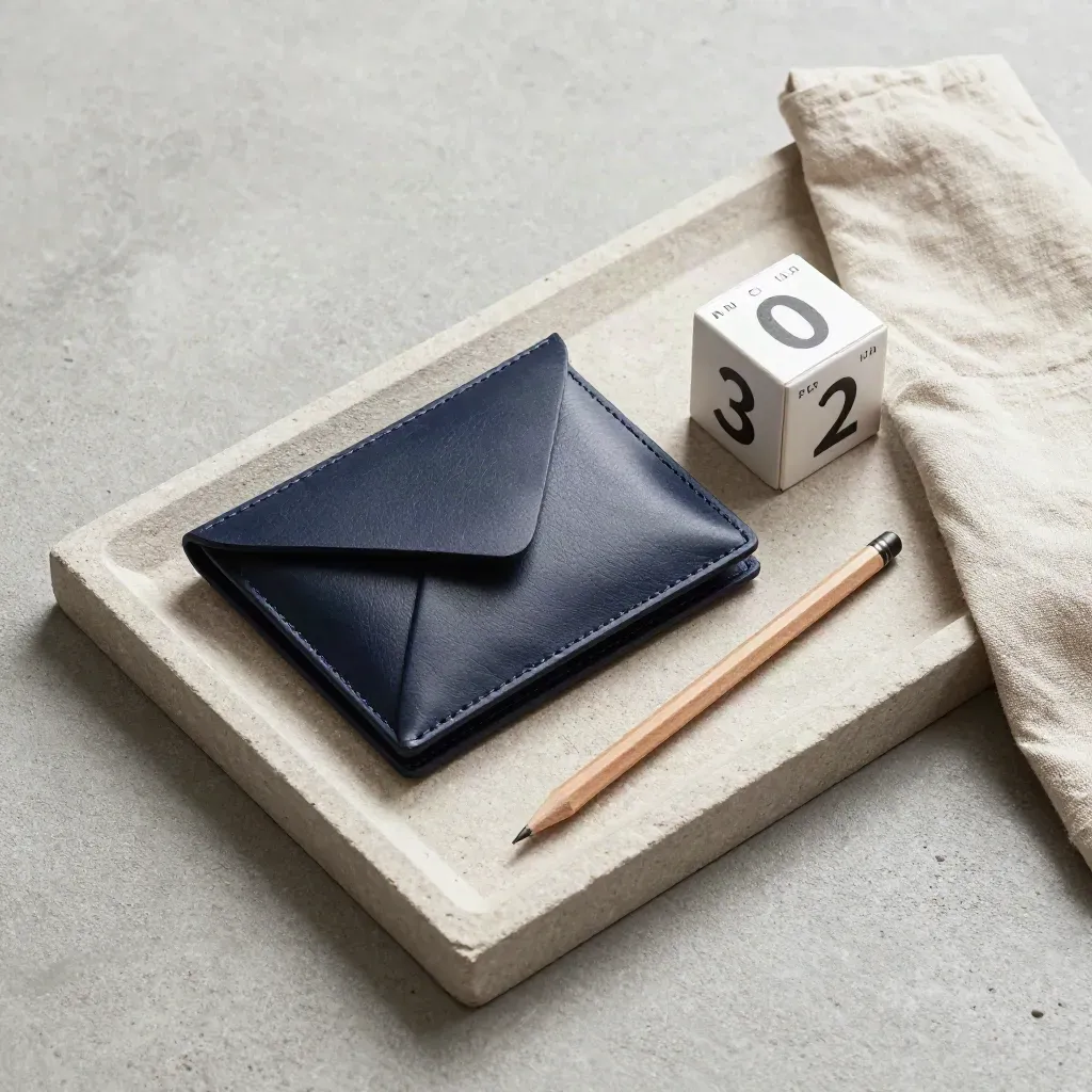 Stone tray with envelope wallet, calendar cube, pencil, and linen cloth in soft daylight.