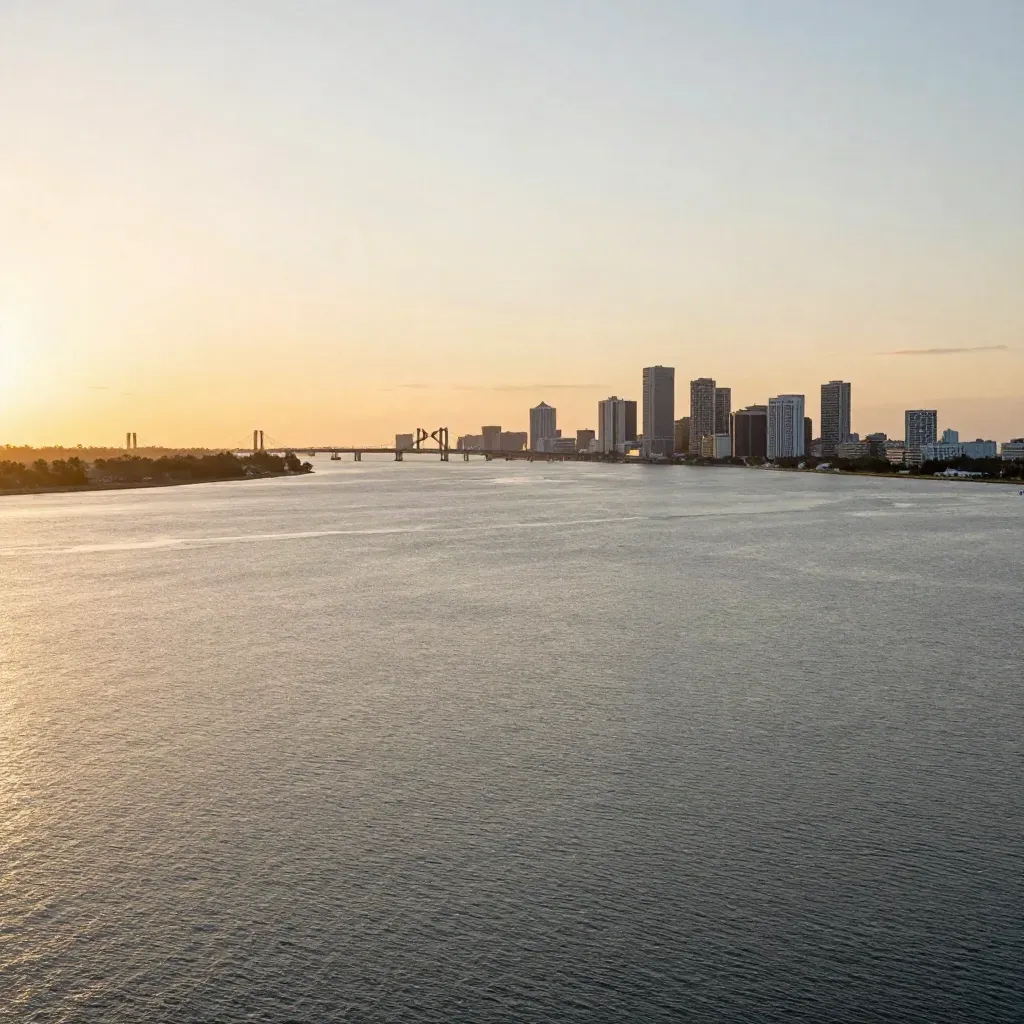 Tampa Bay skyline and bridge glowing over calm golden-hour water