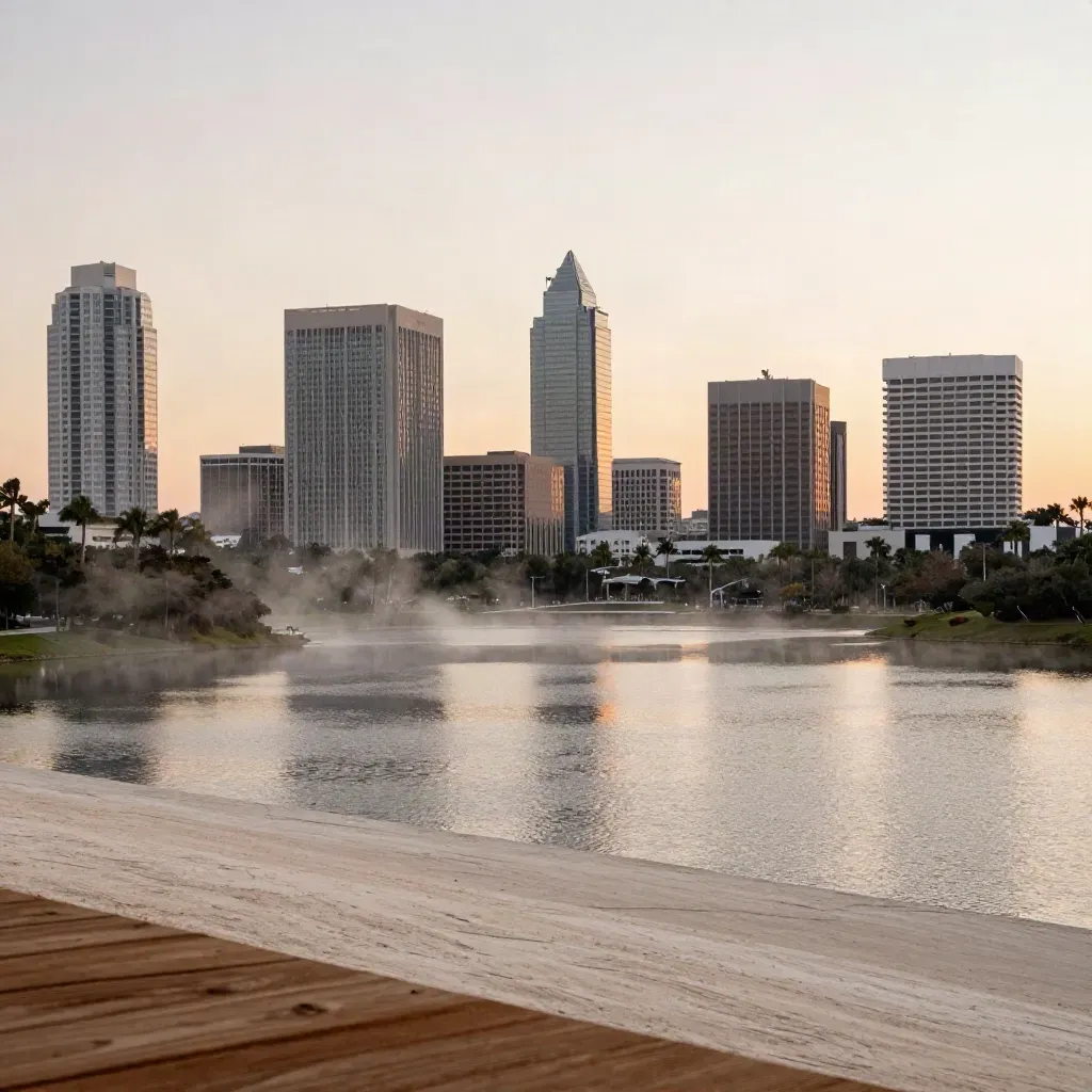 Orlando skyline beyond a hazy lake at dusk with palm silhouettes and a calm shoreline.