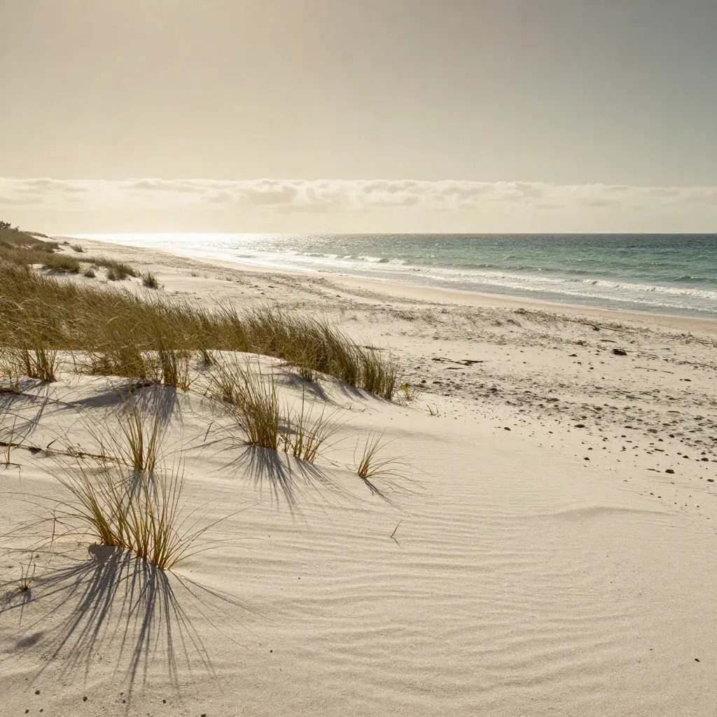 Sarasota coast dunes, surf and warm Gulf haze with open sand for headline copy.